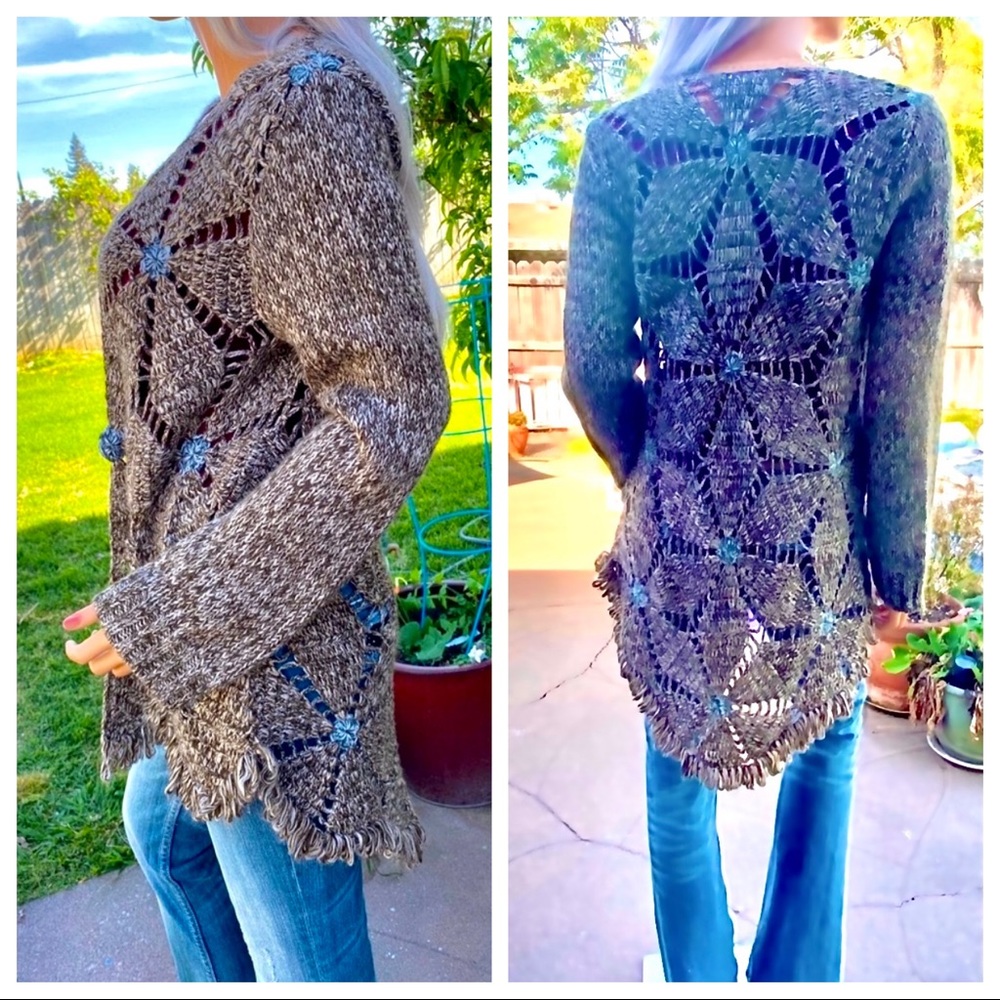 XS-M BoHo Chic Crochet Scallop Fringe Cardigan Duster Sweater